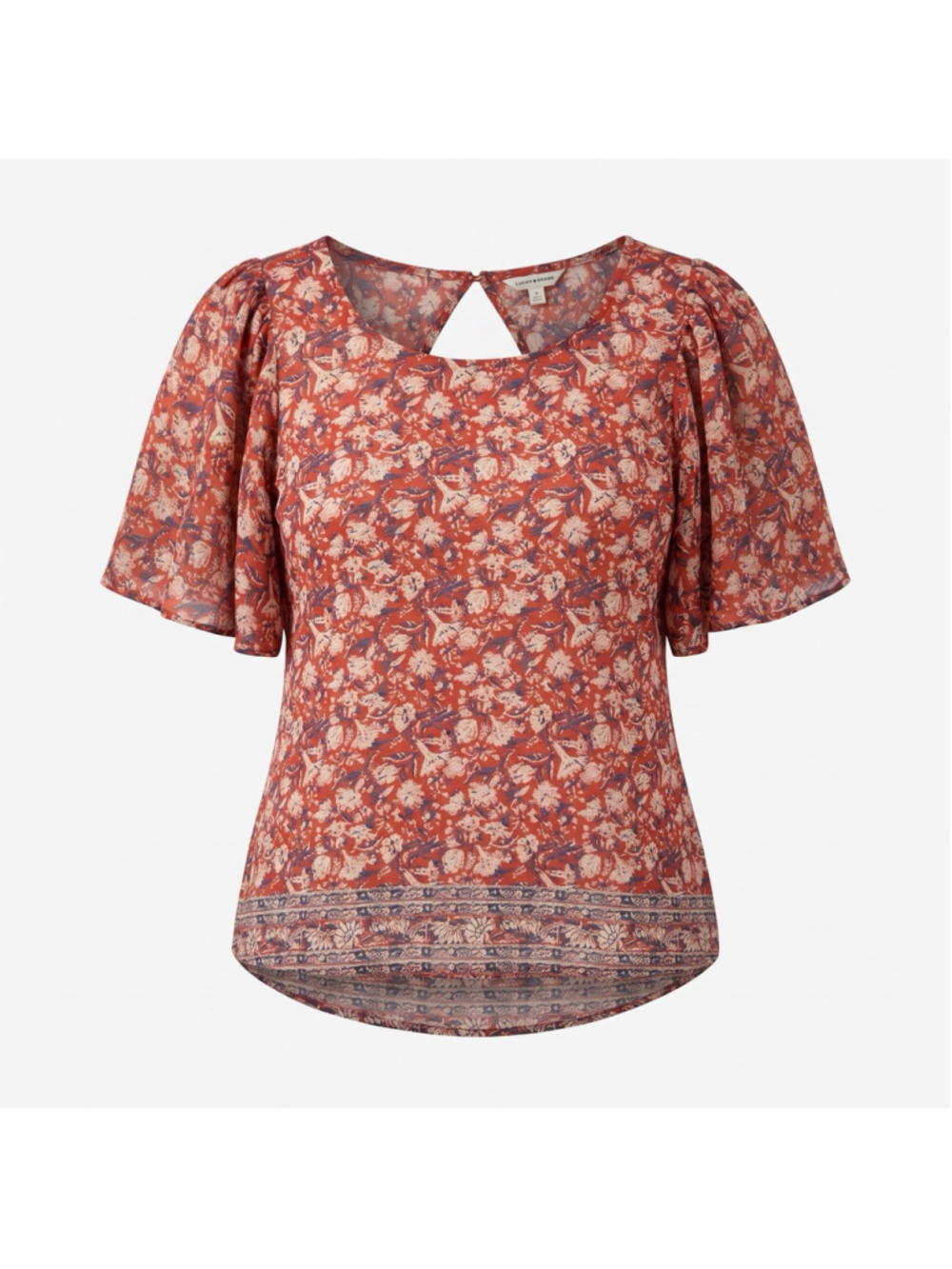 Lucky Brand Blouse Top Red Floral Cutout Keyhole Flutter Sleeve Boho Women Large